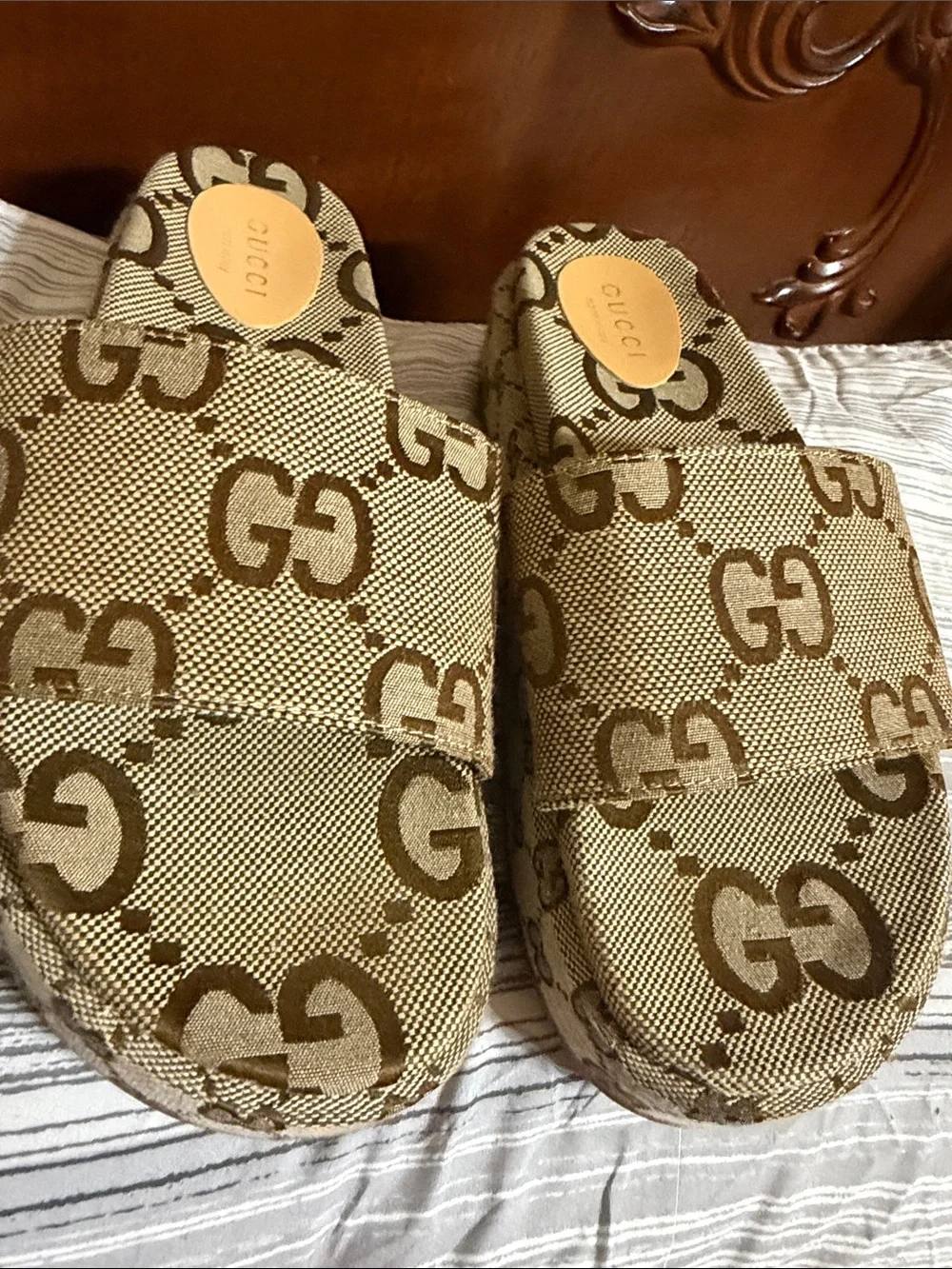 Gucci Brown & Beige GG Canvas Slide Sandals Platform Slidders size 44